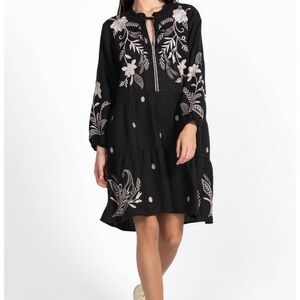 Johnny Was Black Dress with White Floral Embroidery